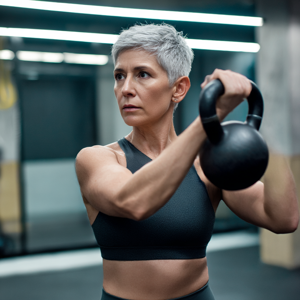 A fit woman in her late 40s with short gray hair performing a kettlebell exercise in a modern gym, wearing athletic clothing, focused expression showing determination and strength