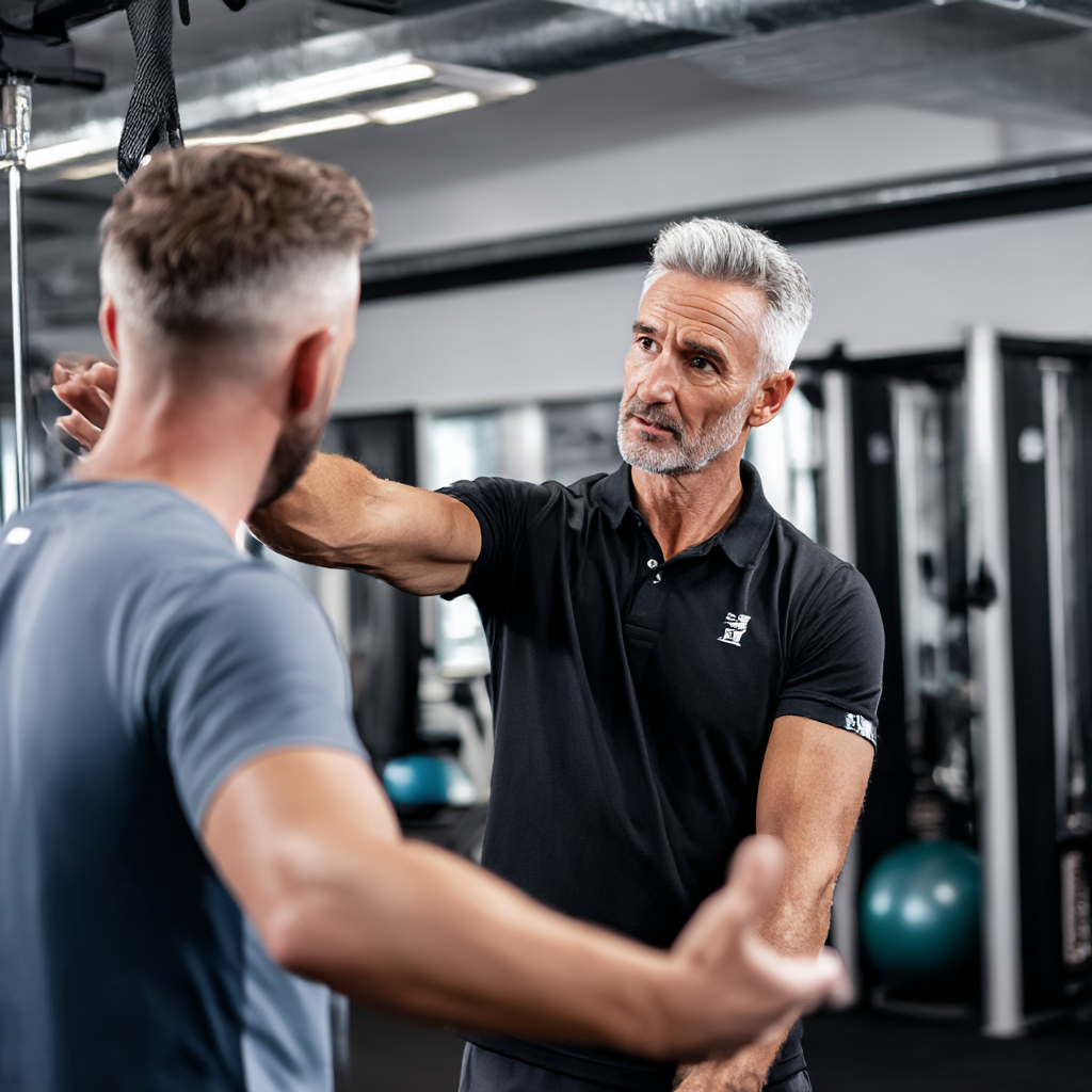 A professional male fitness trainer in his early 50s with salt-and-pepper hair demonstrating proper exercise form to a client in a well-equipped modern gym, wearing branded polo shirt